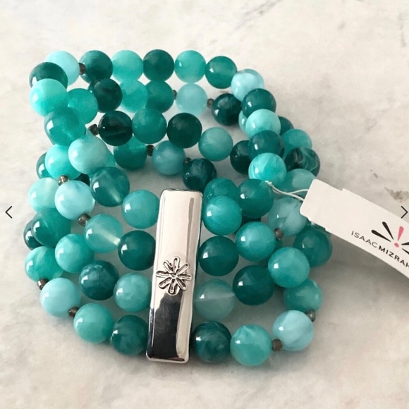 BNIB ~QVC Isaac Mizrahi Shades Of Blue 4 Strand Stretch Bead Bracelet Silver - Picture 4 of 6